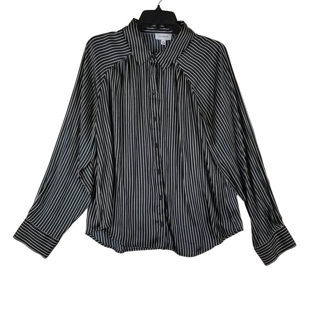 Evereve Womens‎ XL Black White Striped Button Down Blouse Long Sleeve Shirt